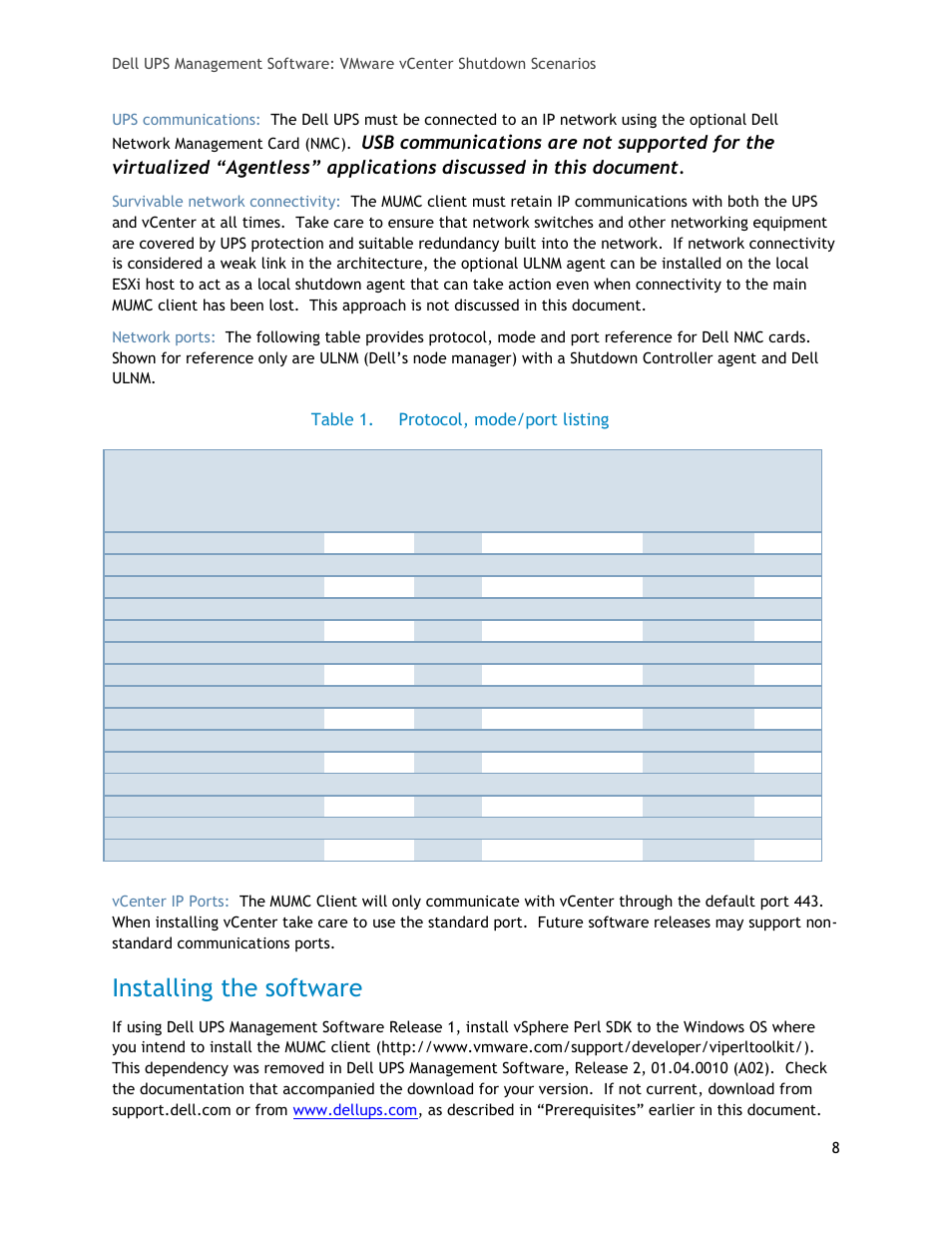 Installing the software, Table 1, Protocol, mode/port listing | Dell UPS 1920T User Manual | Page 8 / 20