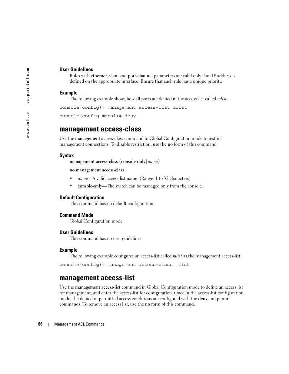 Management access-class, Management access-list | Dell PowerEdge M805 User Manual | Page 122 / 808