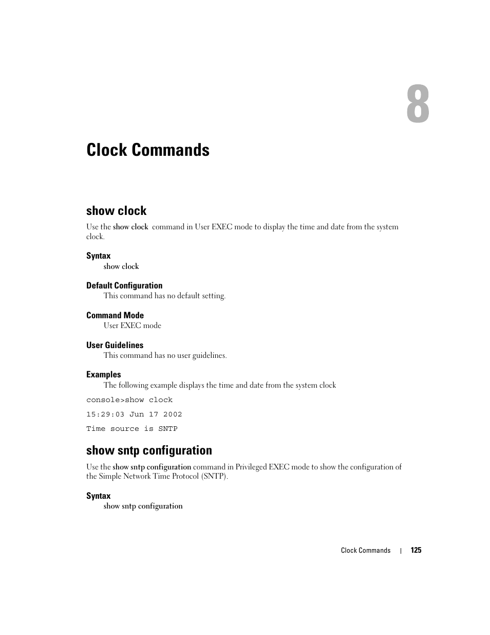 Clock commands, Show clock, Show sntp configuration | Dell PowerEdge M805 User Manual | Page 159 / 808