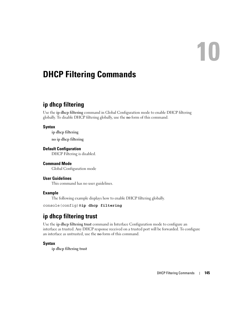 Dhcp filtering commands, Ip dhcp filtering, Ip dhcp filtering trust | 10 dhcp filtering commands | Dell PowerEdge M805 User Manual | Page 177 / 808
