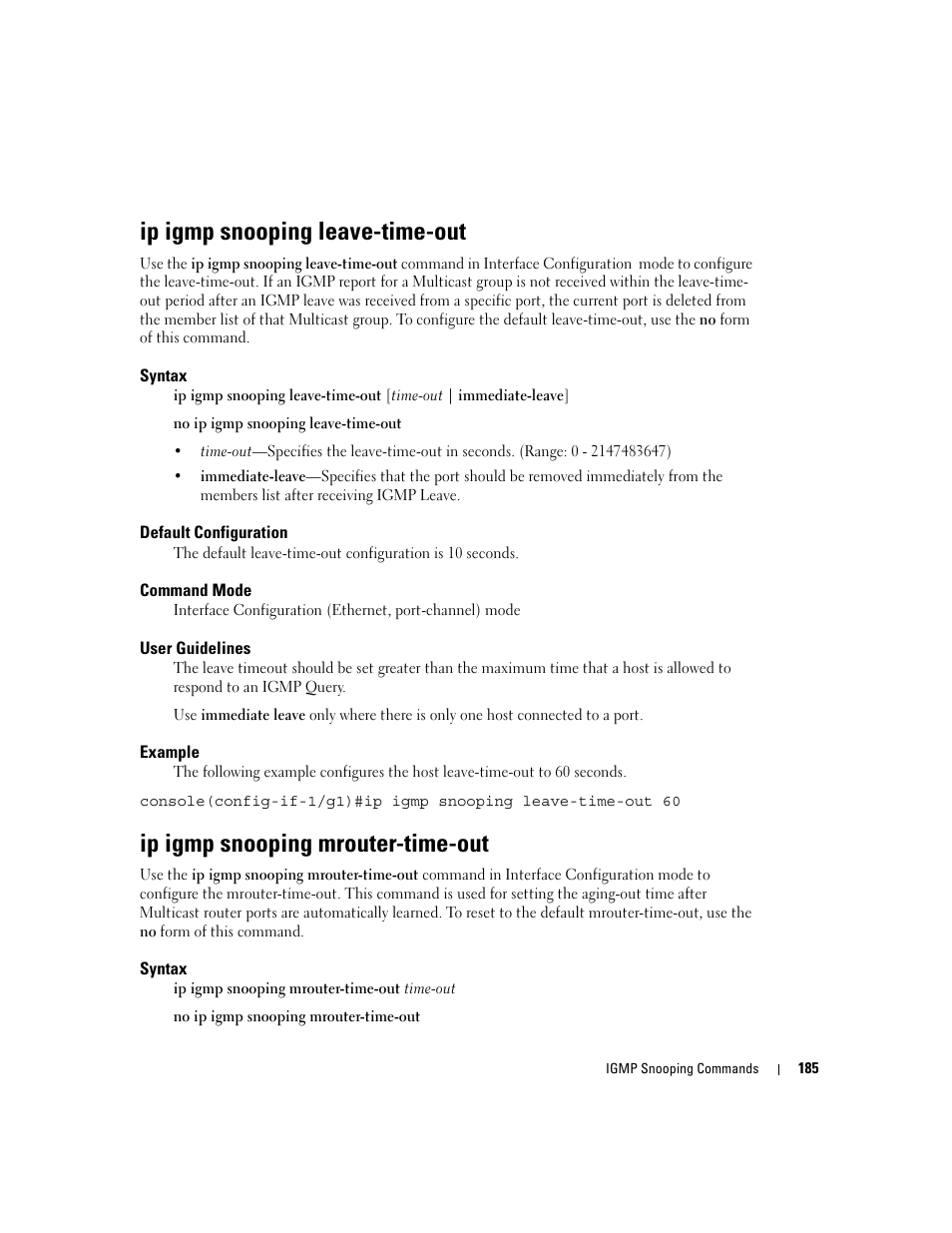 Ip igmp snooping leave-time-out, Ip igmp snooping mrouter-time-out | Dell PowerEdge M805 User Manual | Page 215 / 808