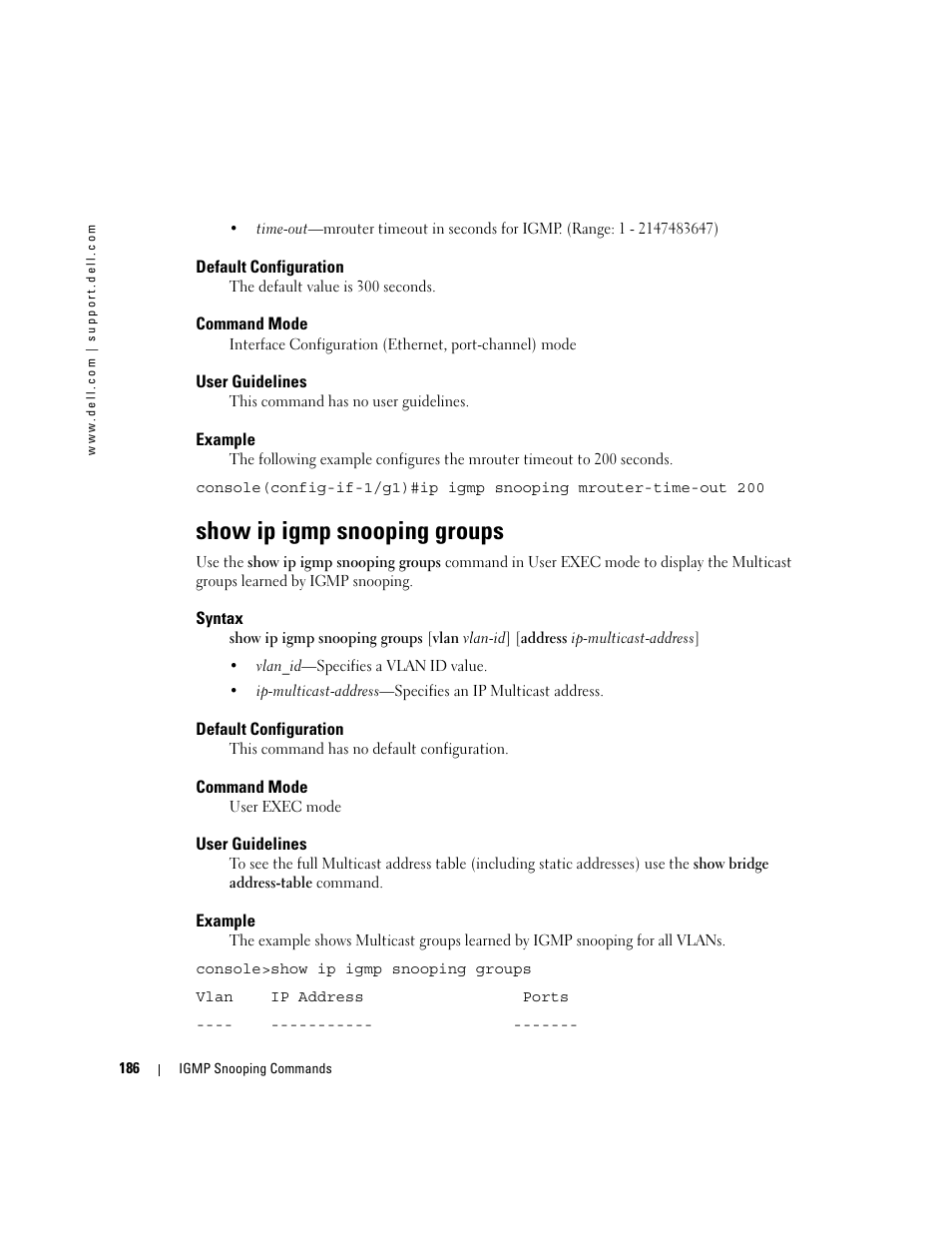 Show ip igmp snooping groups | Dell PowerEdge M805 User Manual | Page 216 / 808