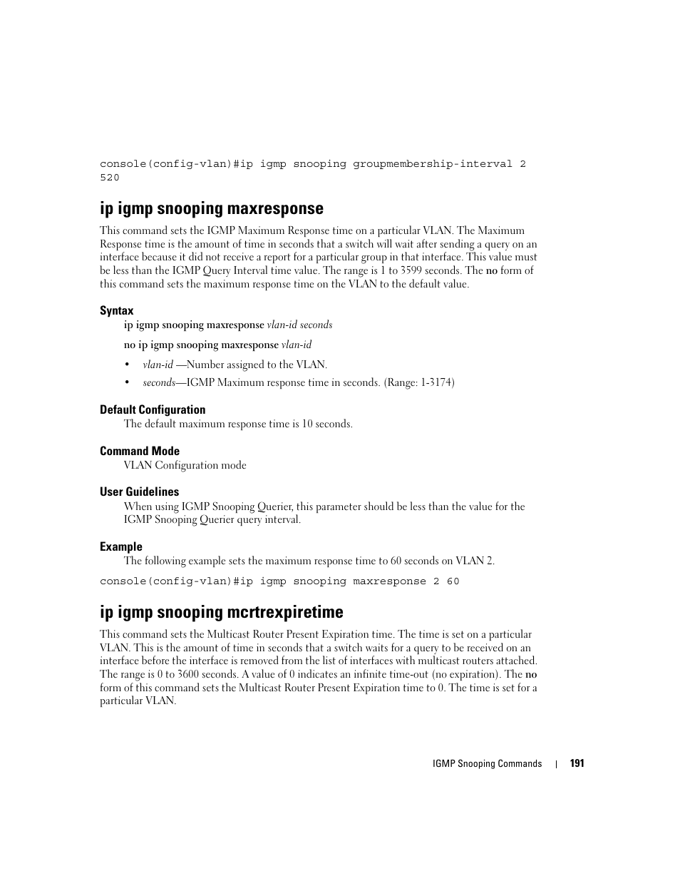 Ip igmp snooping maxresponse, Ip igmp snooping mcrtrexpiretime | Dell PowerEdge M805 User Manual | Page 221 / 808