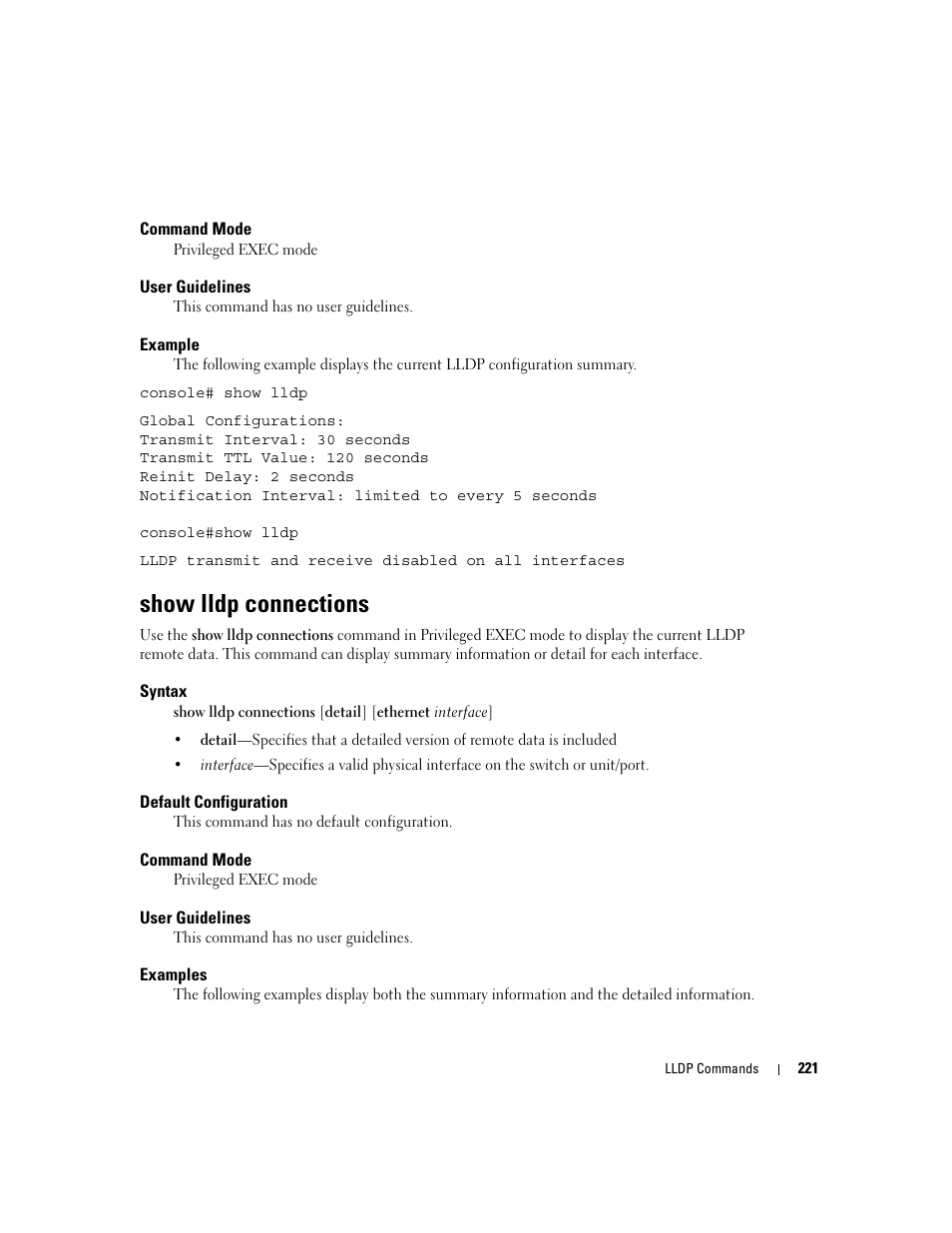 Show lldp connections | Dell PowerEdge M805 User Manual | Page 249 / 808