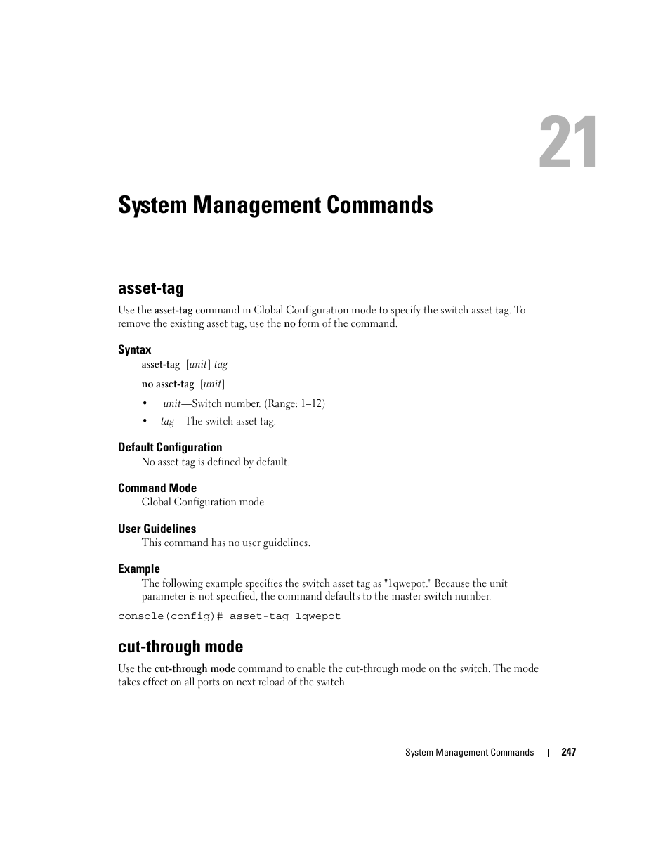 System management commands, Asset-tag, Cut-through mode | 21 system management commands | Dell PowerEdge M805 User Manual | Page 269 / 808
