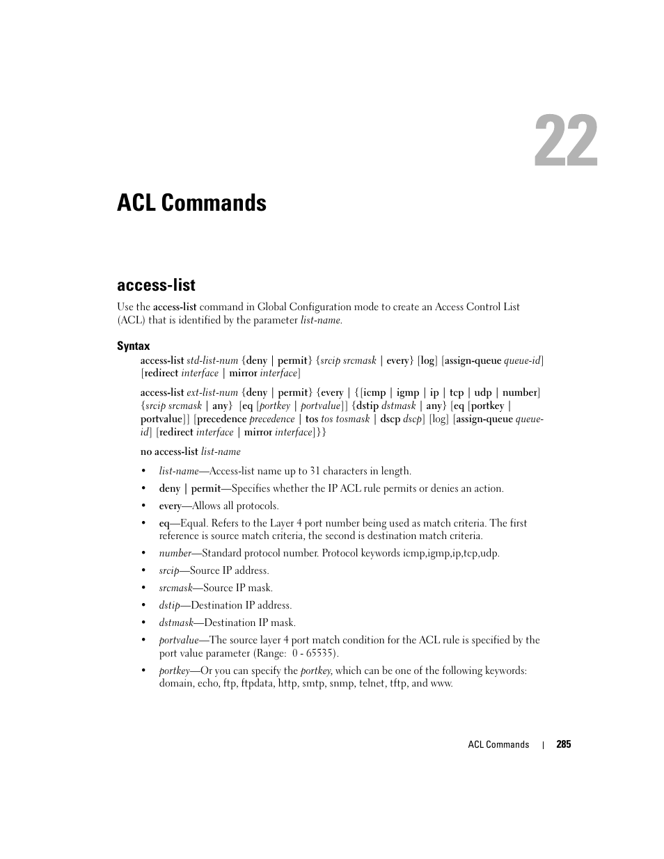 Acl commands, Access-list, 22 acl commands | Dell PowerEdge M805 User Manual | Page 305 / 808