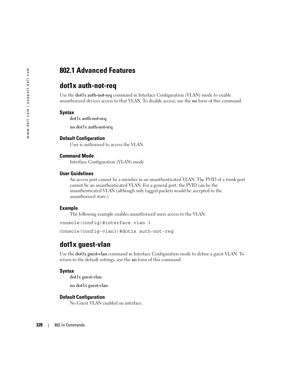 Dot1x auth-not-req, Dot1x guest-vlan, 1 advanced features dot1x auth-not-req | Dell PowerEdge M805 User Manual | Page 344 / 808