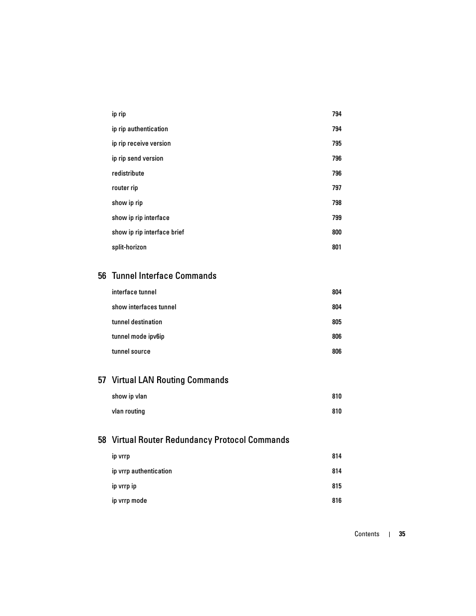 56 tunnel interface commands, 57 virtual lan routing commands, 58 virtual router redundancy protocol commands | Dell PowerEdge M805 User Manual | Page 37 / 808