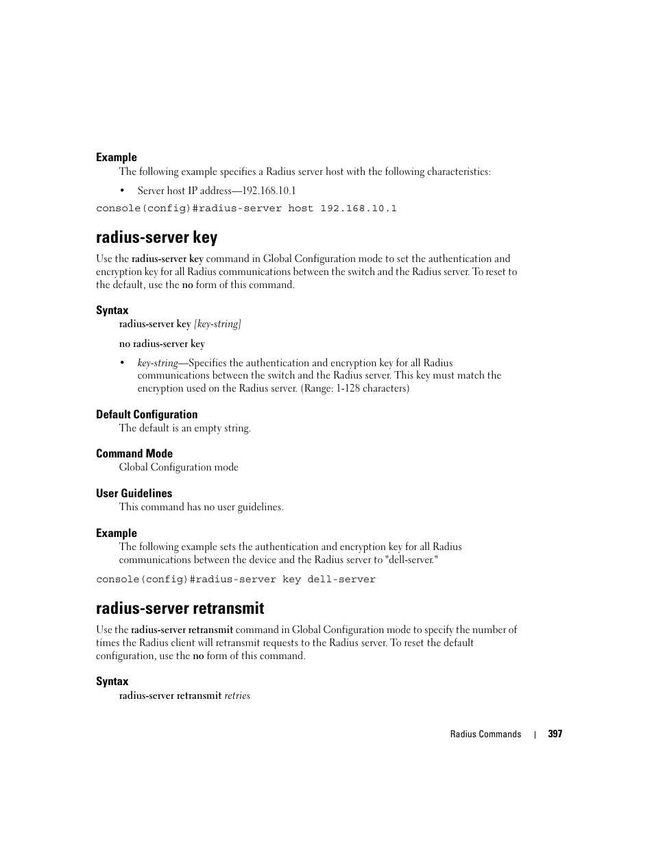 Radius-server key, Radius-server retransmit | Dell PowerEdge M805 User Manual | Page 407 / 808