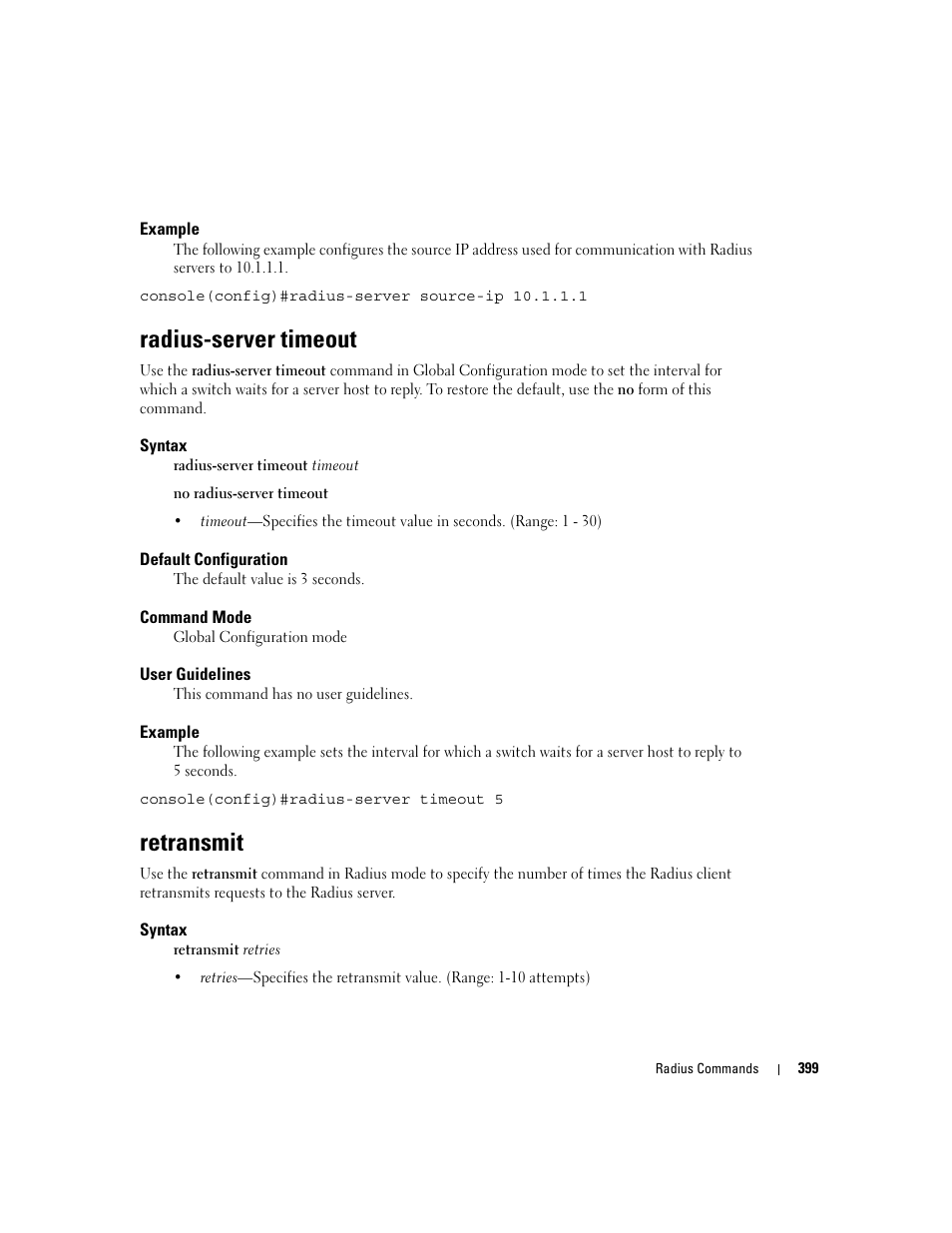 Radius-server timeout, Retransmit | Dell PowerEdge M805 User Manual | Page 409 / 808