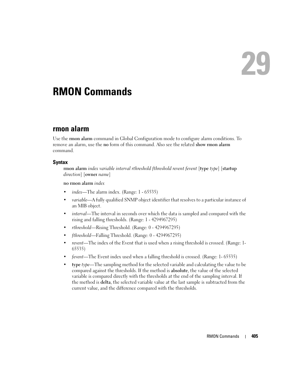 Rmon commands, Rmon alarm, 29 rmon commands | Dell PowerEdge M805 User Manual | Page 413 / 808