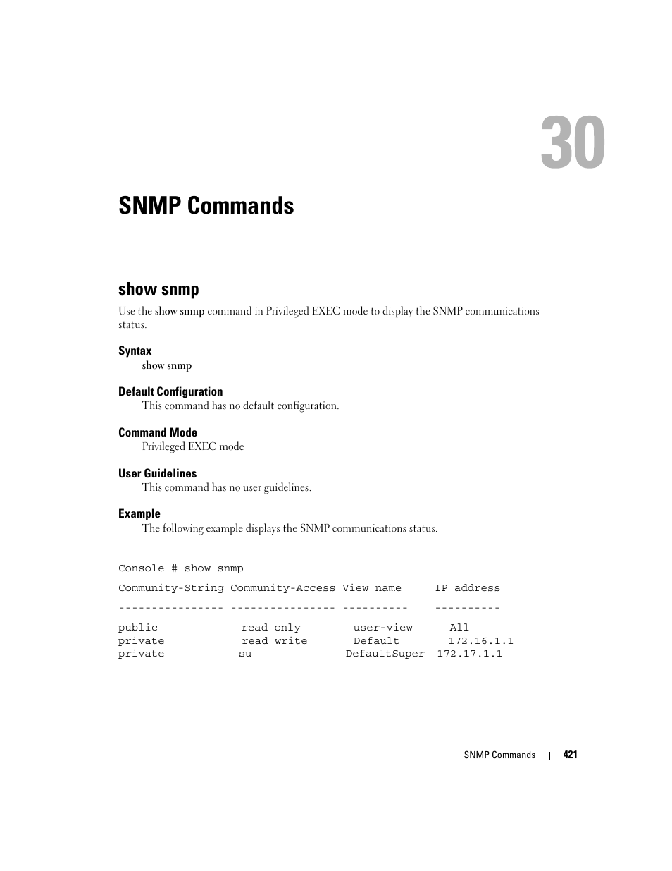 Snmp commands, Show snmp, 30 snmp commands | Dell PowerEdge M805 User Manual | Page 429 / 808