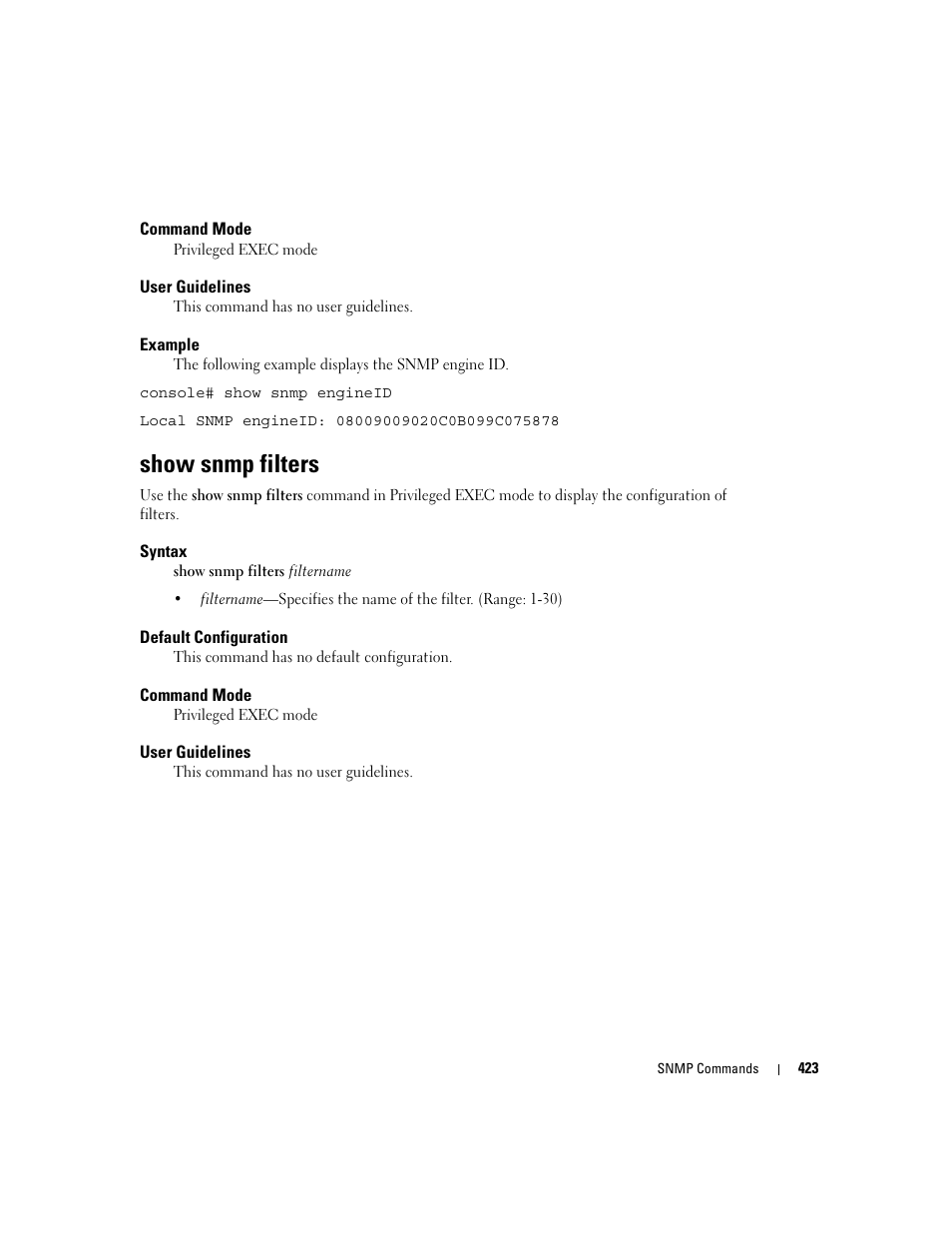 Show snmp filters | Dell PowerEdge M805 User Manual | Page 431 / 808