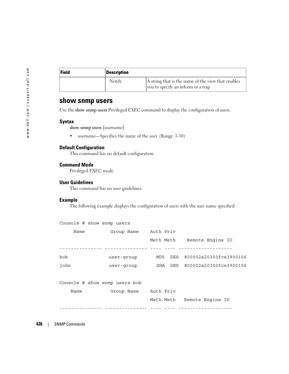 Show snmp users | Dell PowerEdge M805 User Manual | Page 434 / 808