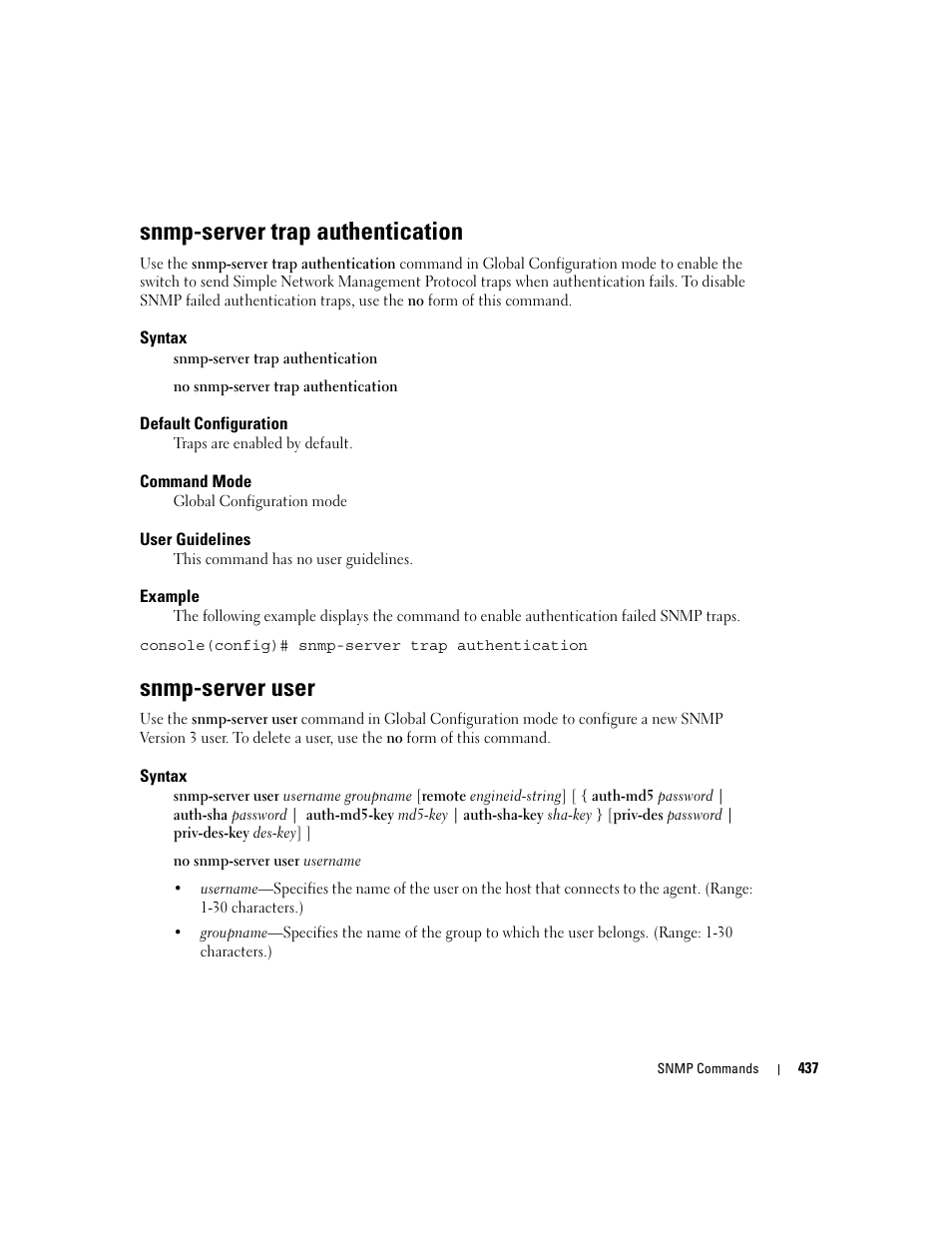 Snmp-server trap authentication, Snmp-server user | Dell PowerEdge M805 User Manual | Page 445 / 808