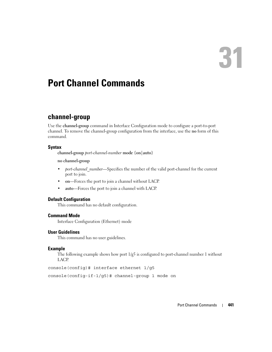 Port channel commands, Channel-group, 31 port channel commands | Dell PowerEdge M805 User Manual | Page 449 / 808