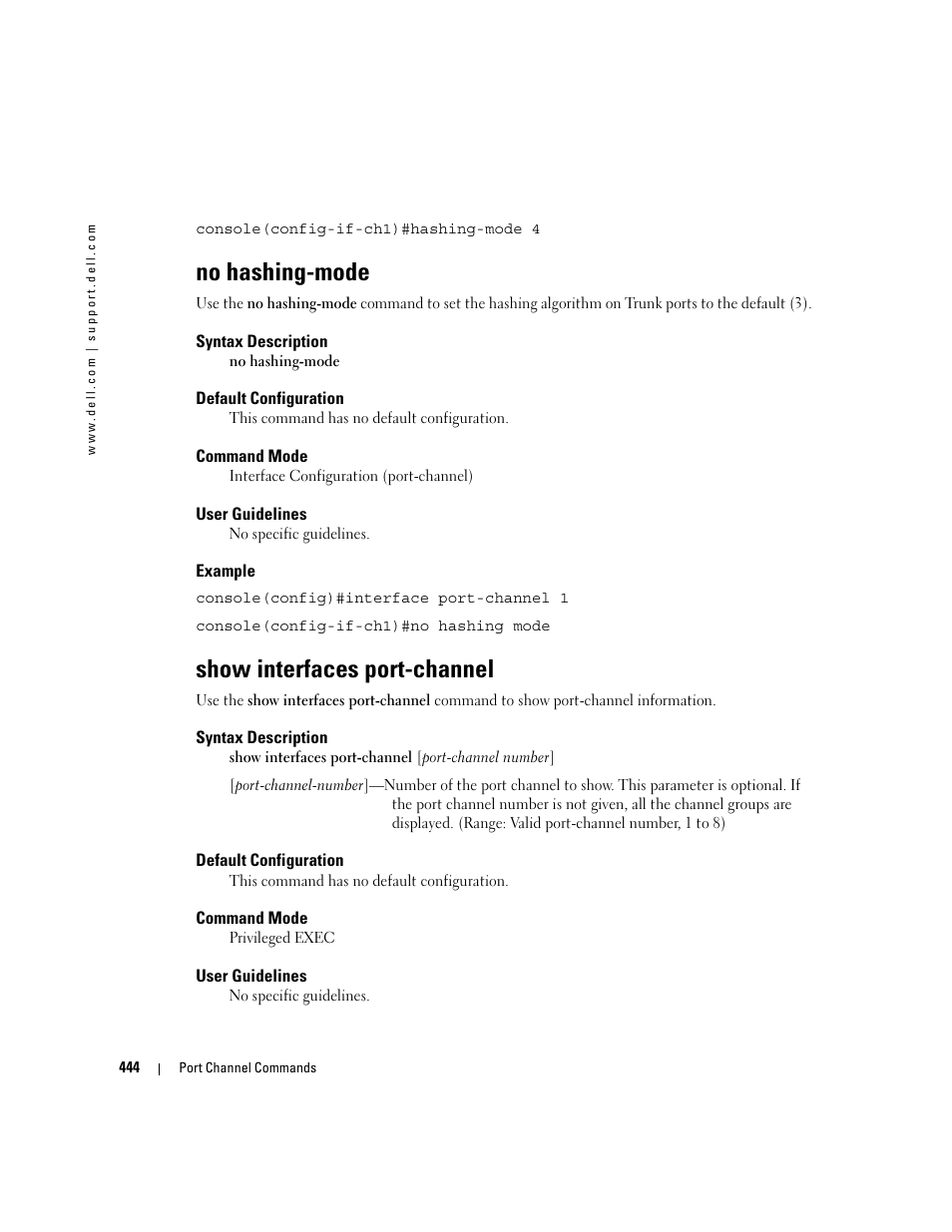 No hashing-mode, Show interfaces port-channel | Dell PowerEdge M805 User Manual | Page 452 / 808