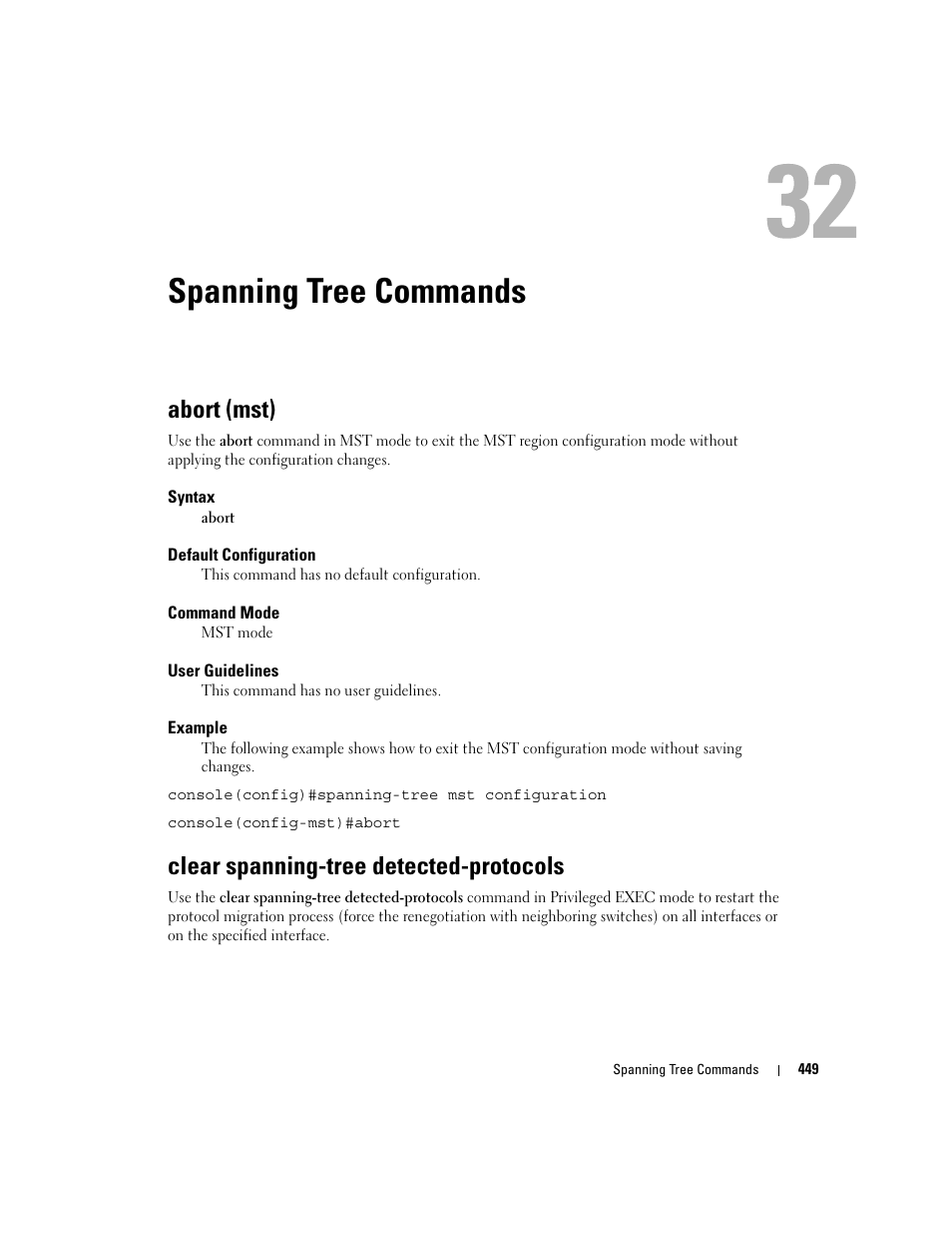 Spanning tree commands, Abort (mst), Clear spanning-tree detected-protocols | 32 spanning tree commands | Dell PowerEdge M805 User Manual | Page 457 / 808