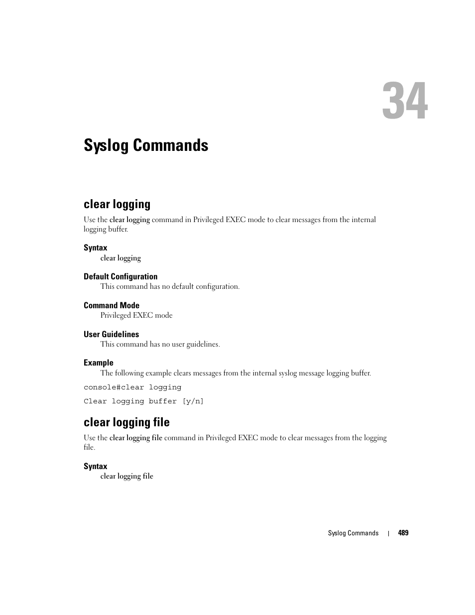 Syslog commands, Clear logging, Clear logging file | 34 syslog commands | Dell PowerEdge M805 User Manual | Page 495 / 808