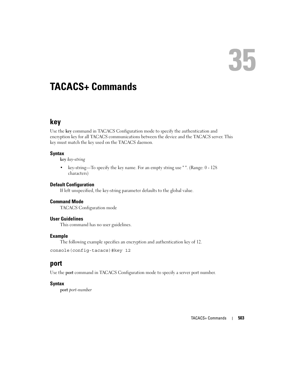 Tacacs+ commands, Port, 35 tacacs+ commands | Dell PowerEdge M805 User Manual | Page 507 / 808