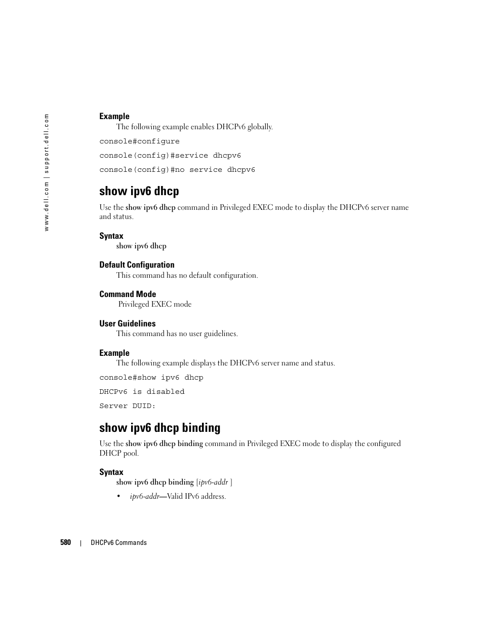 Show ipv6 dhcp, Show ipv6 dhcp binding | Dell PowerEdge M805 User Manual | Page 580 / 808