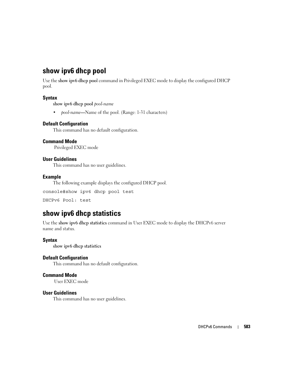 Show ipv6 dhcp pool, Show ipv6 dhcp statistics | Dell PowerEdge M805 User Manual | Page 583 / 808