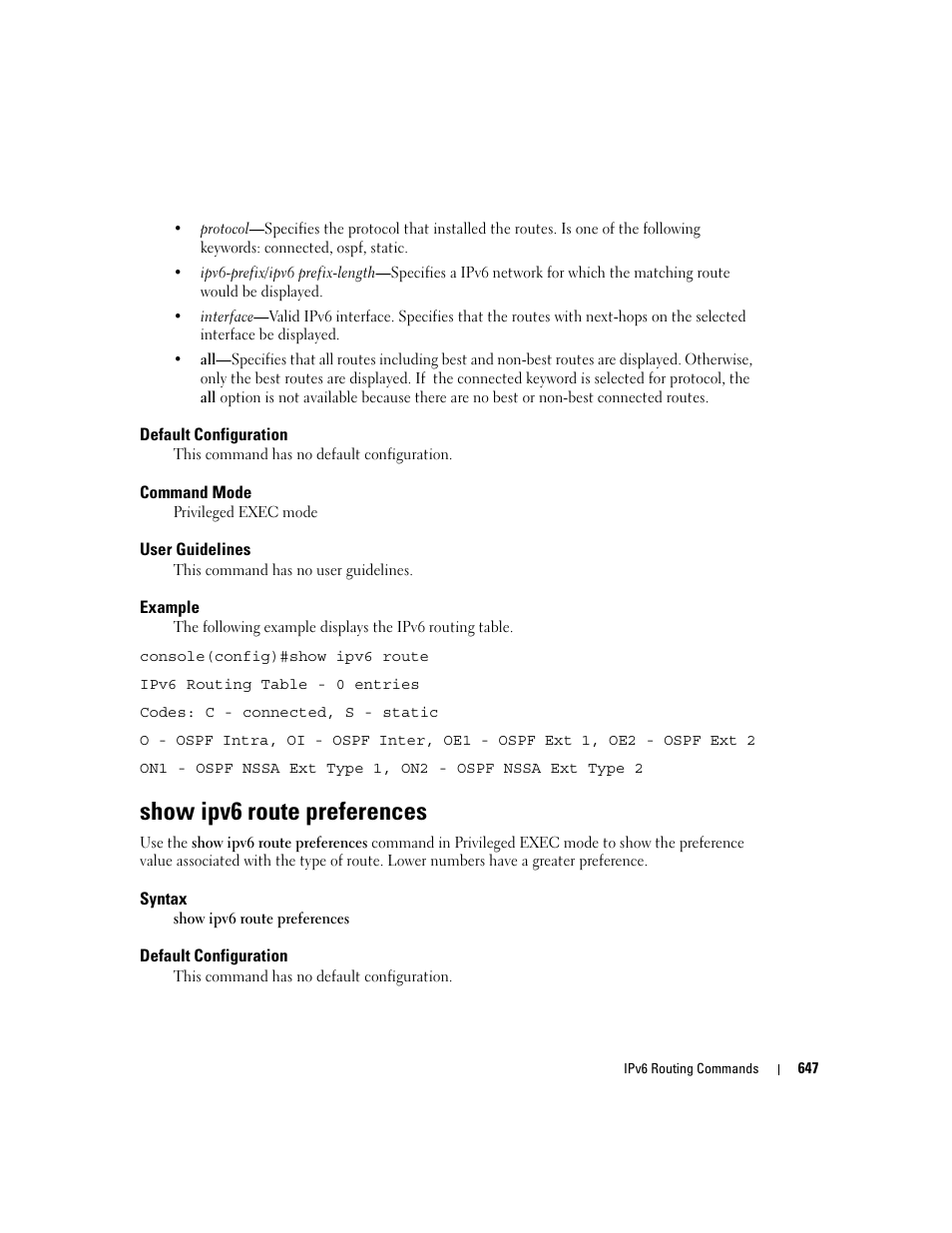 Show ipv6 route preferences | Dell PowerEdge M805 User Manual | Page 643 / 808