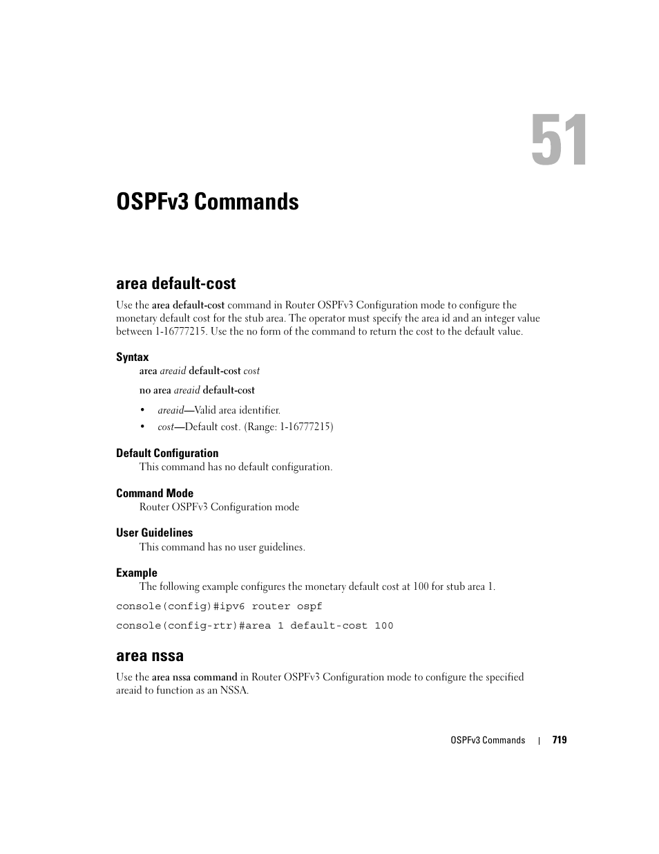 Ospfv3 commands, Area default-cost, Area nssa | 51 ospfv3 commands | Dell PowerEdge M805 User Manual | Page 713 / 808