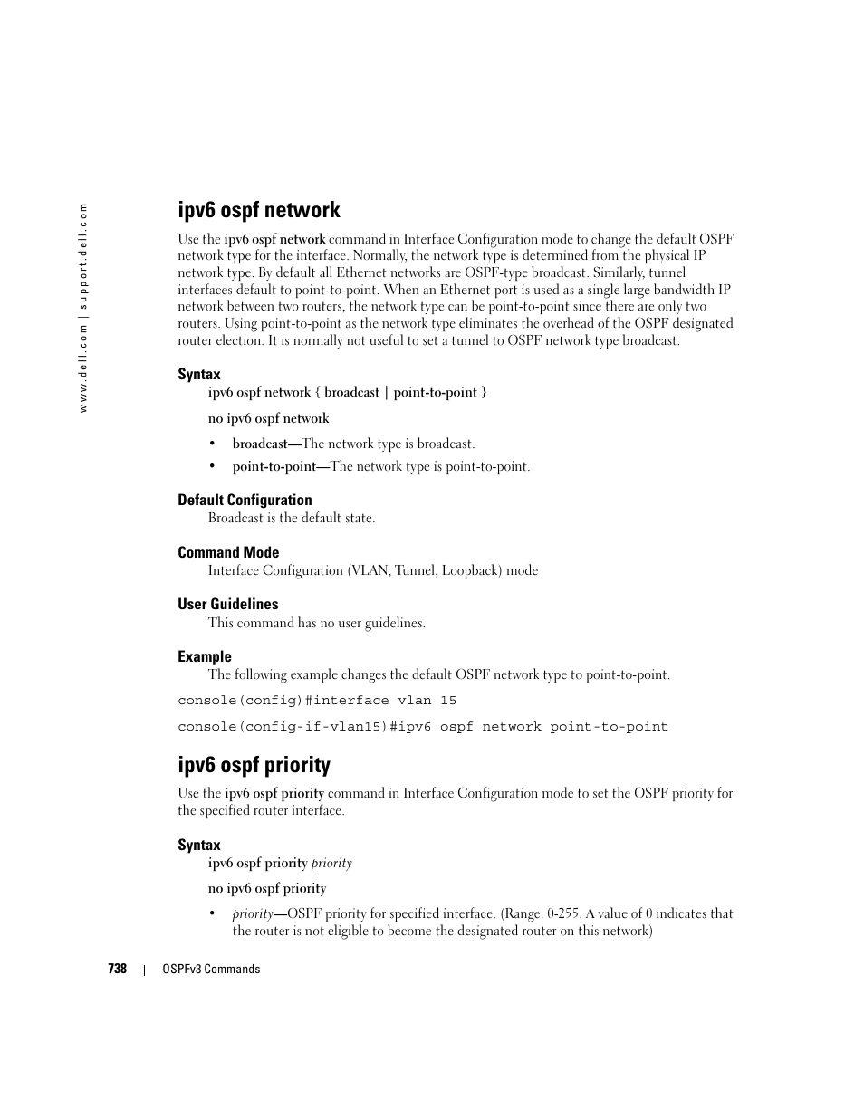 Ipv6 ospf network, Ipv6 ospf priority | Dell PowerEdge M805 User Manual | Page 732 / 808