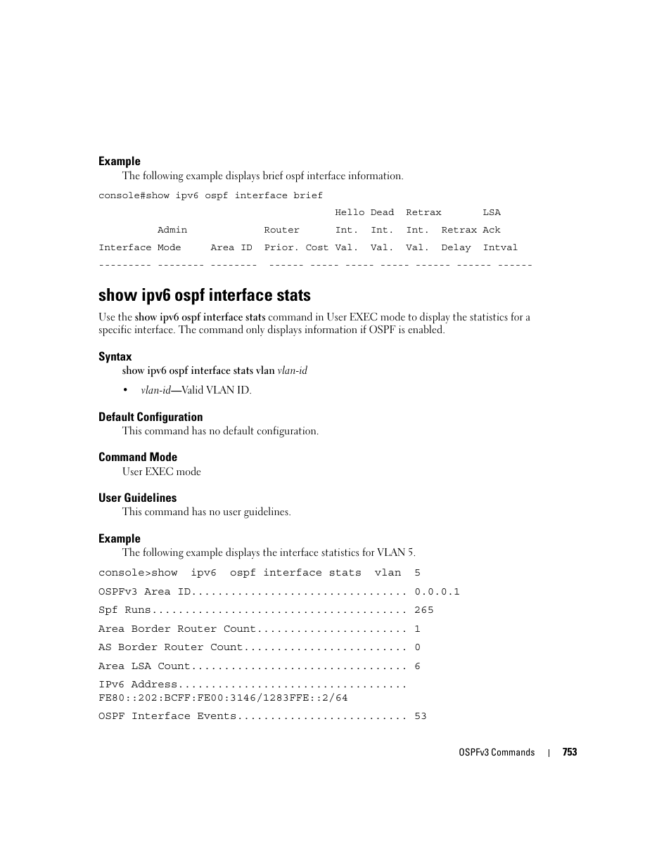 Show ipv6 ospf interface stats | Dell PowerEdge M805 User Manual | Page 747 / 808