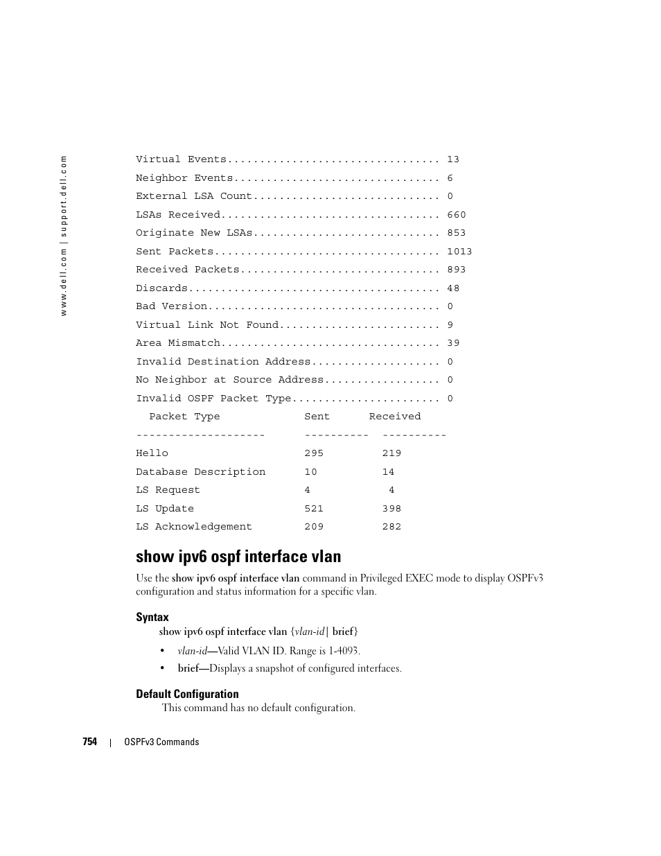 Show ipv6 ospf interface vlan | Dell PowerEdge M805 User Manual | Page 748 / 808