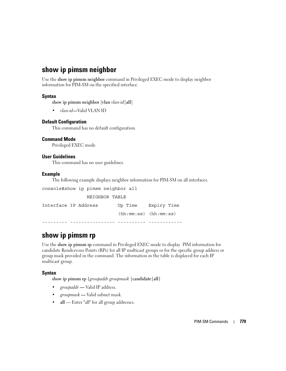 Show ip pimsm neighbor, Show ip pimsm rp | Dell PowerEdge M805 User Manual | Page 771 / 808