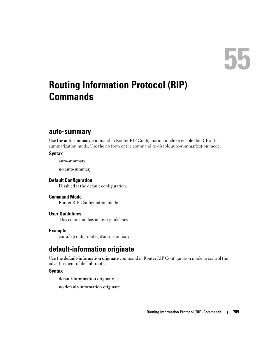 Routing information protocol (rip) commands, Auto-summary, Default-information originate | 55 routing information protocol (rip) commands | Dell PowerEdge M805 User Manual | Page 781 / 808