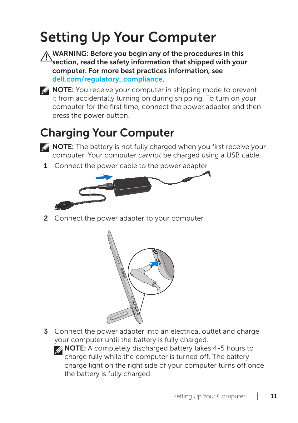 Setting up your computer, Charging your computer | Dell XPS 18 (1820, Early 2014) User Manual | Page 11 / 42