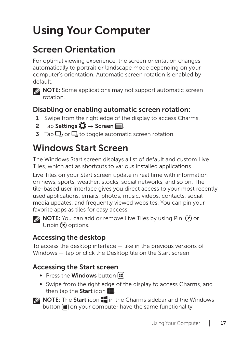 Using your computer, Screen orientation, Windows start screen | Dell XPS 18 (1820, Early 2014) User Manual | Page 17 / 42