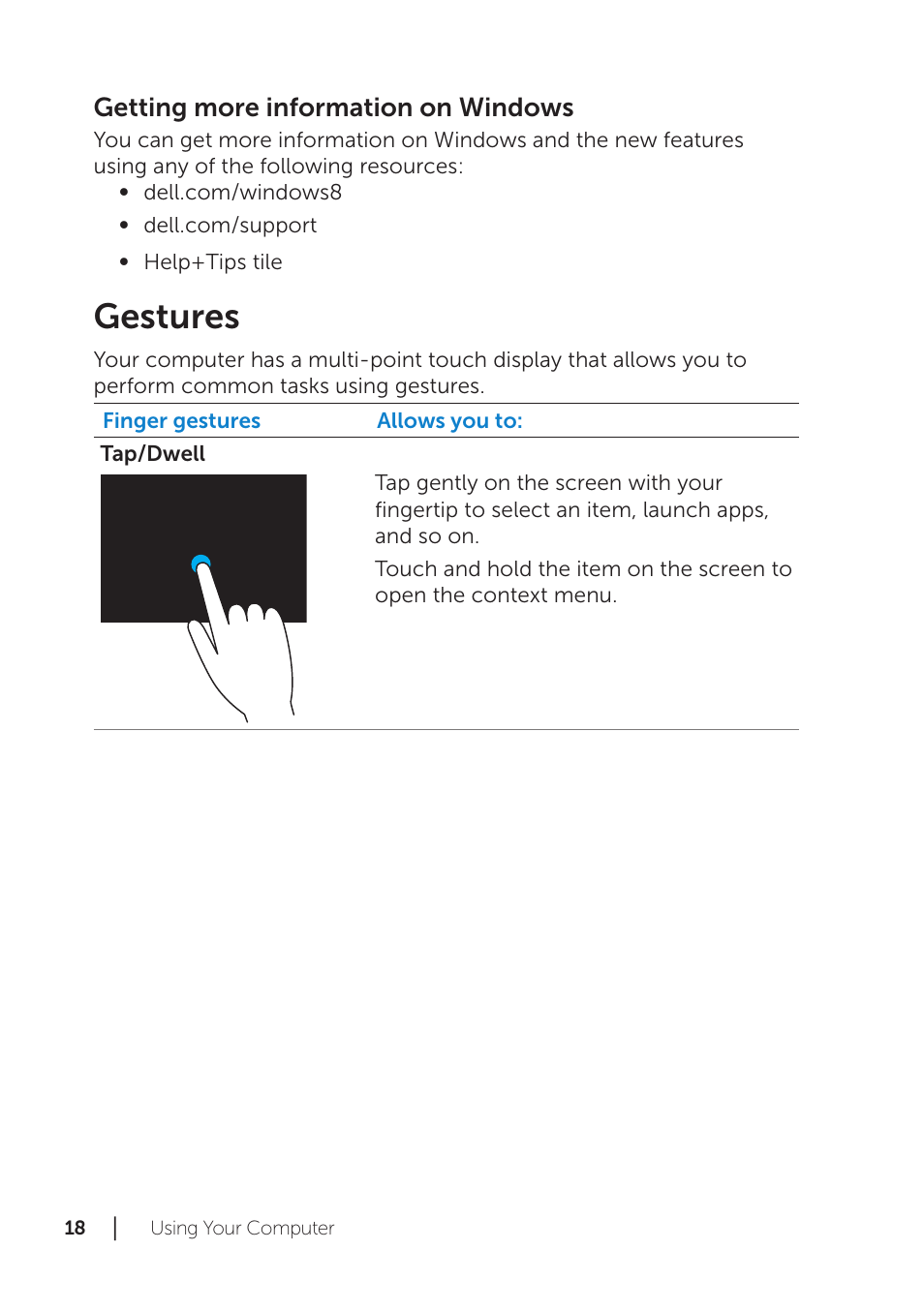 Gestures, Getting more information on windows | Dell XPS 18 (1820, Early 2014) User Manual | Page 18 / 42