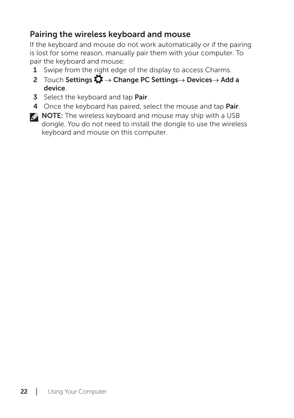 Pairing the wireless keyboard and mouse | Dell XPS 18 (1820, Early 2014) User Manual | Page 22 / 42