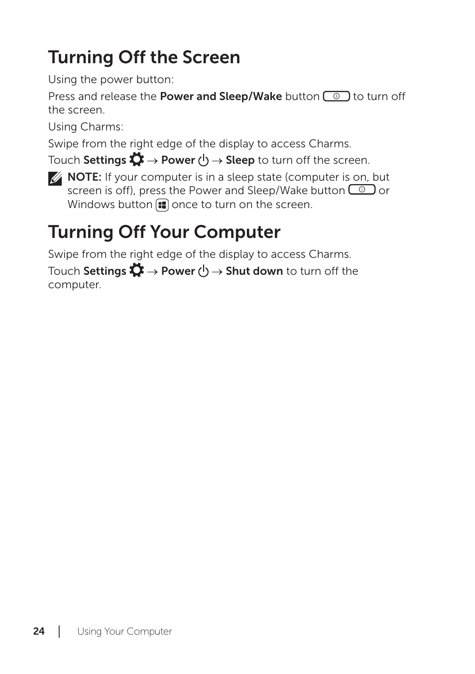 Turning off the screen, Turning off your computer | Dell XPS 18 (1820, Early 2014) User Manual | Page 24 / 42