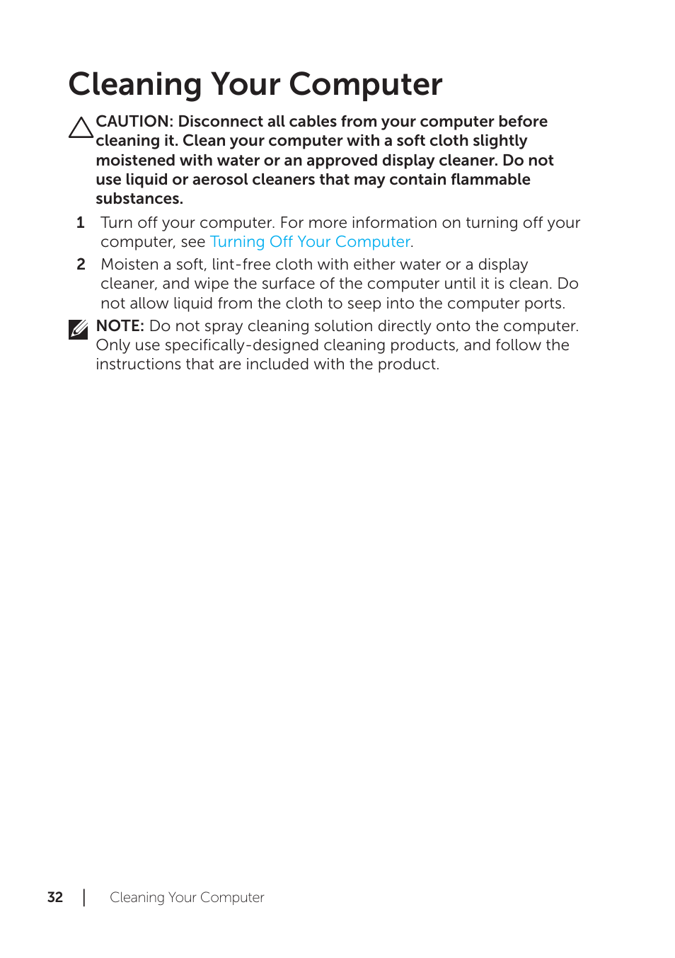 Cleaning your computer | Dell XPS 18 (1820, Early 2014) User Manual | Page 32 / 42