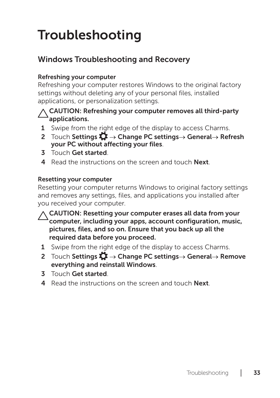 Troubleshooting, Windows troubleshooting and recovery | Dell XPS 18 (1820, Early 2014) User Manual | Page 33 / 42
