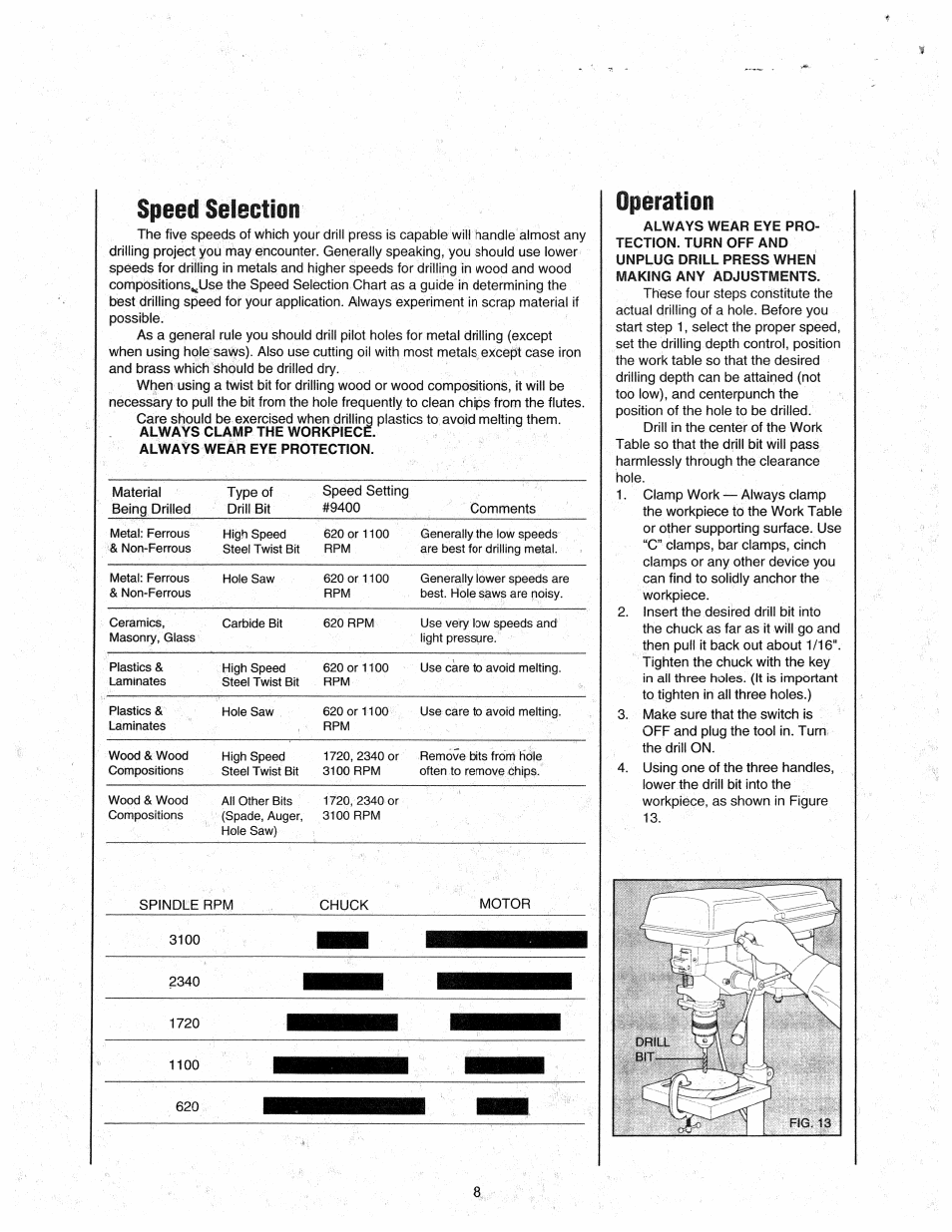 Operation, Speed selection | Black & Decker 9400 User Manual | Page 8 / 12