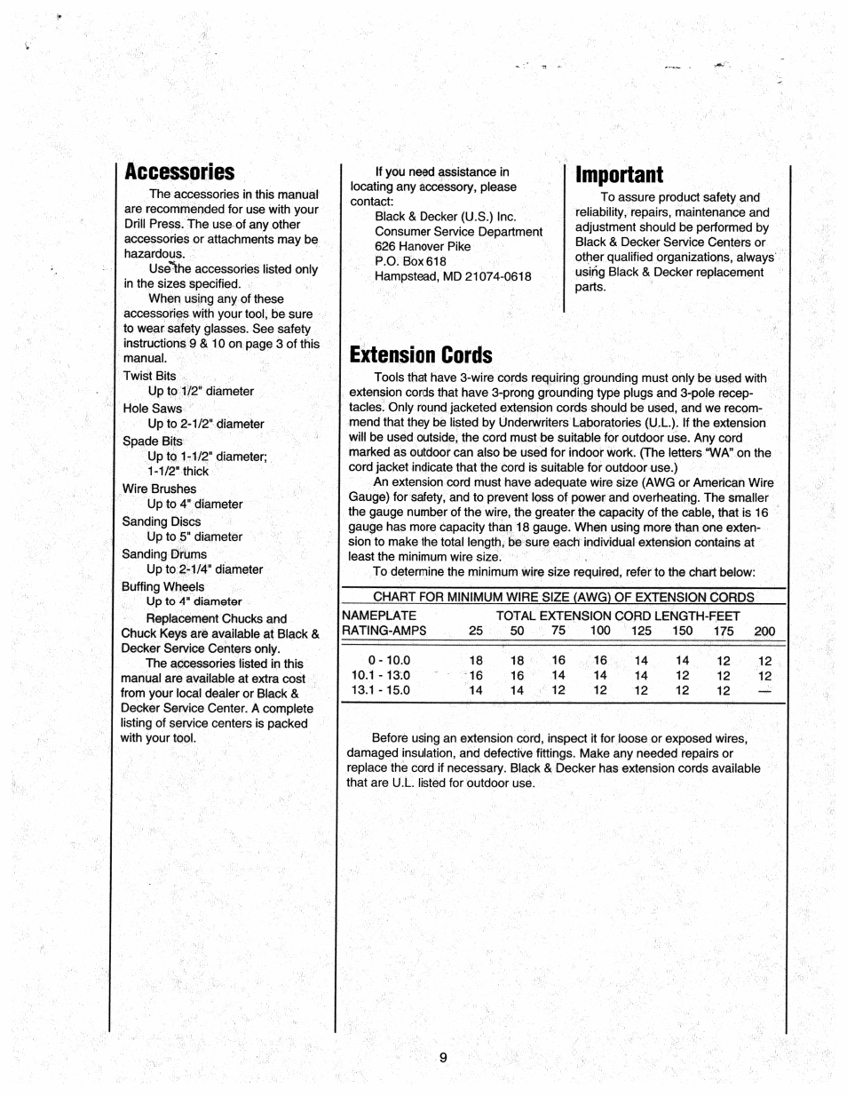 Accessories, Important, Extension cords | Black & Decker 9400 User Manual | Page 9 / 12