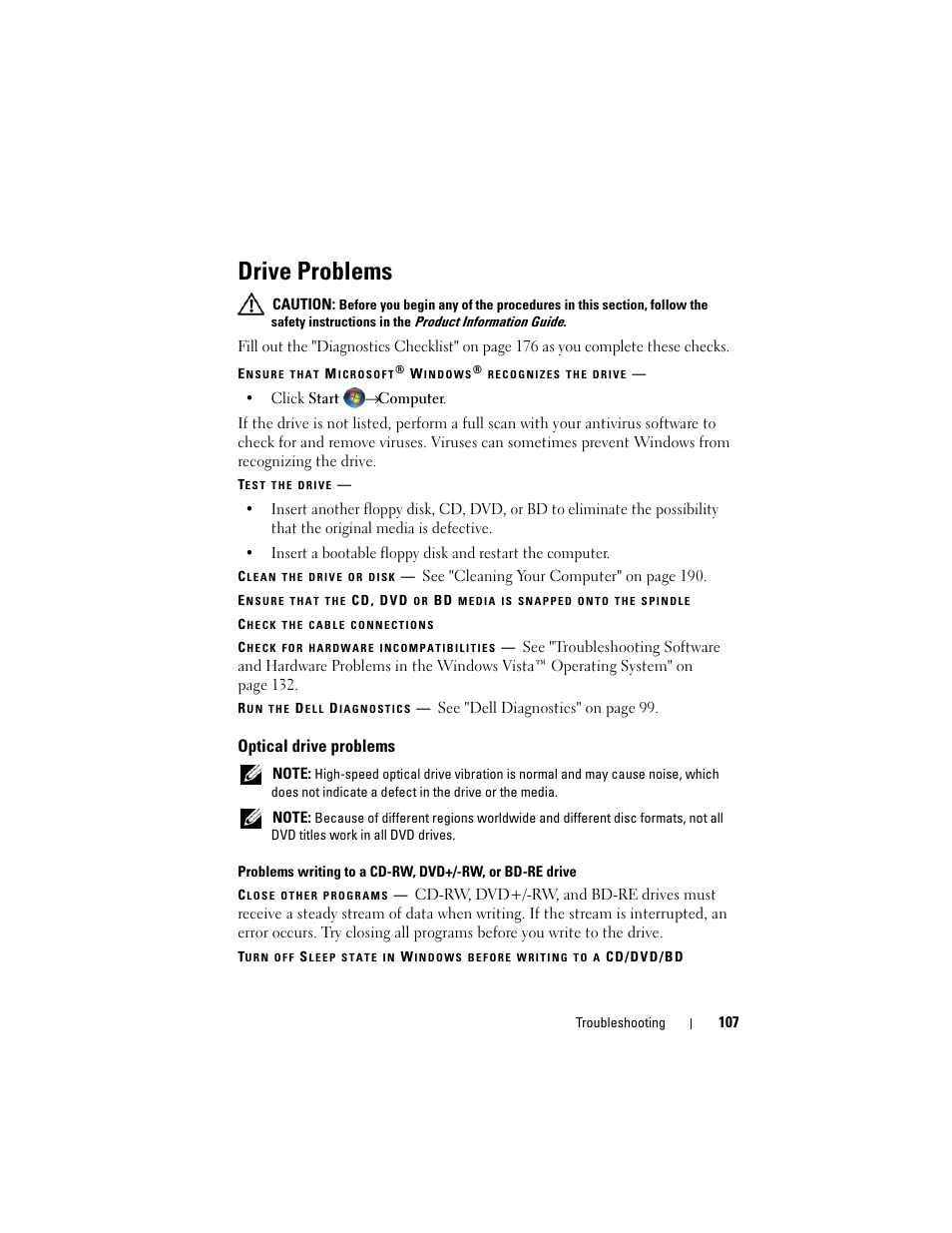 Drive problems, Optical drive problems | Dell Inspiron 1720 (Mid 2007) User Manual | Page 107 / 220