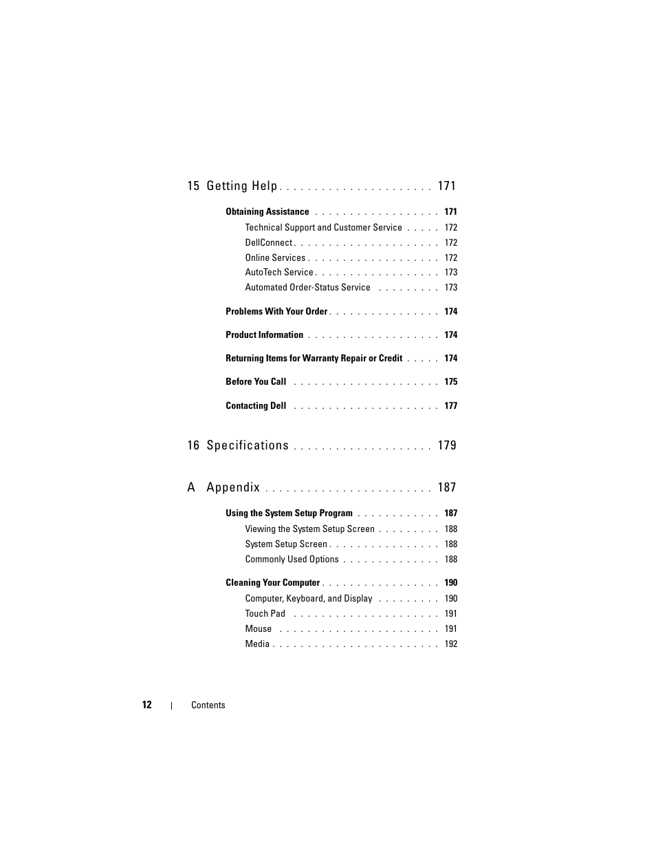 15 getting help, 16 specifications, 179 a appendix | Dell Inspiron 1720 (Mid 2007) User Manual | Page 12 / 220