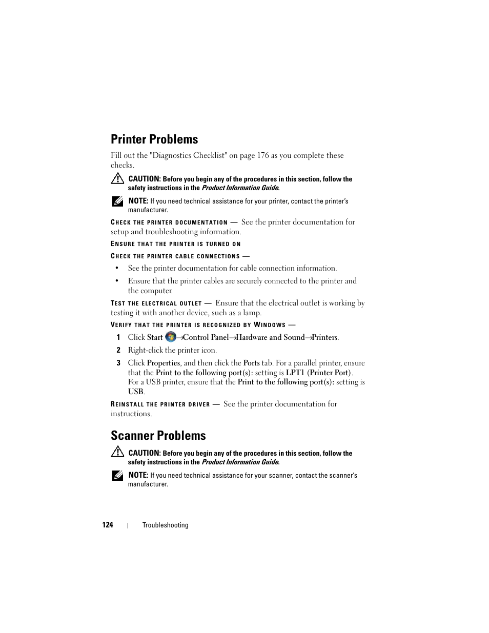 Printer problems, Scanner problems | Dell Inspiron 1720 (Mid 2007) User Manual | Page 124 / 220