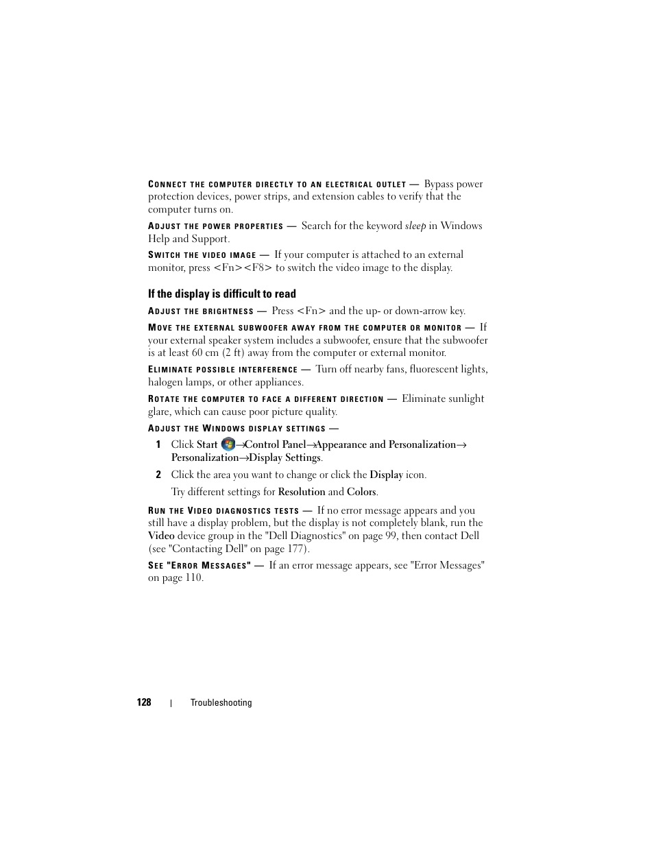 If the display is difficult to read | Dell Inspiron 1720 (Mid 2007) User Manual | Page 128 / 220