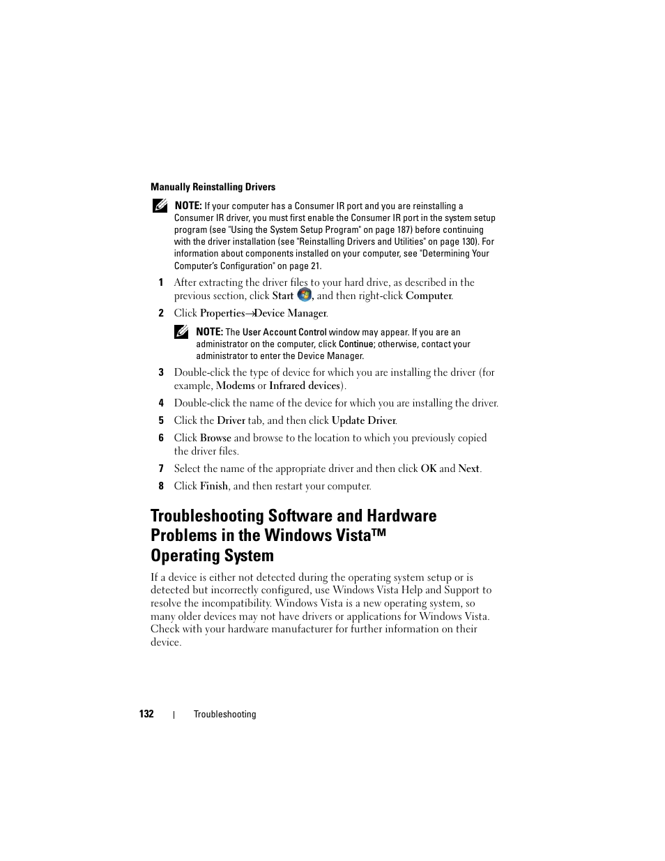 See "troubleshooting software | Dell Inspiron 1720 (Mid 2007) User Manual | Page 132 / 220