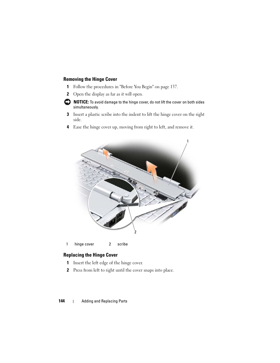Removing the hinge cover, Replacing the hinge cover | Dell Inspiron 1720 (Mid 2007) User Manual | Page 144 / 220