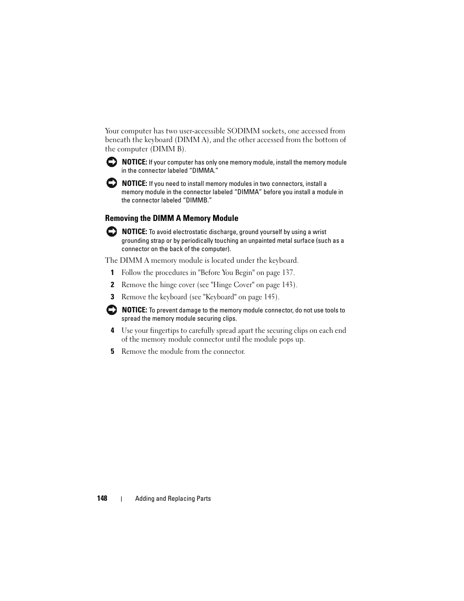 Removing the dimm a memory module | Dell Inspiron 1720 (Mid 2007) User Manual | Page 148 / 220