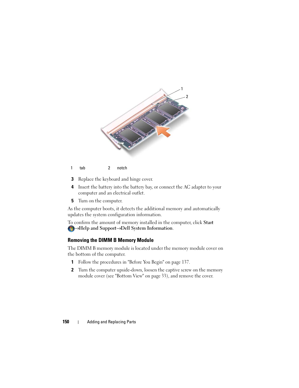 Removing the dimm b memory module | Dell Inspiron 1720 (Mid 2007) User Manual | Page 150 / 220